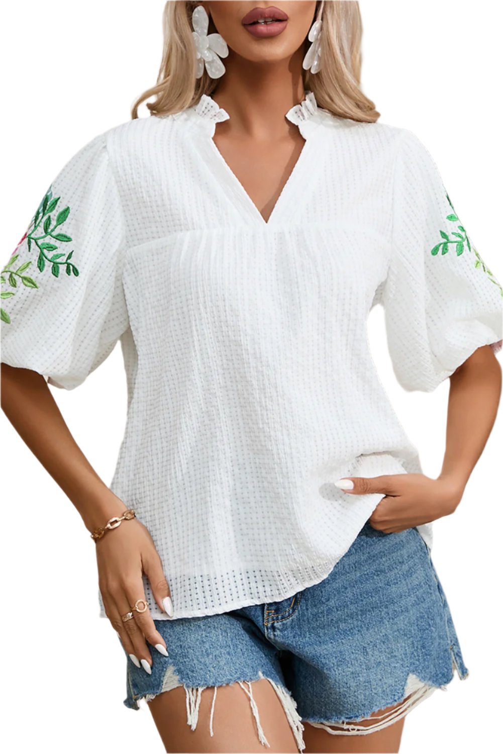 TEEK - White Embroidered Half Sleeve Blouse TOPS TEEK Trend   