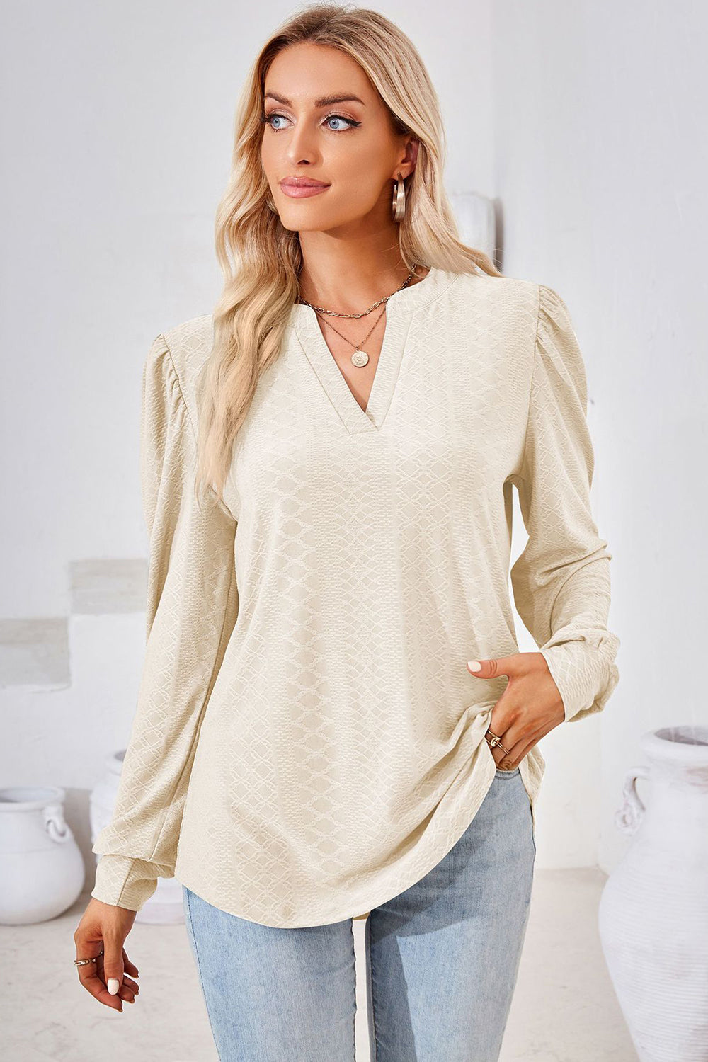 TEEK - Notched Long Sleeve Top TOPS TEEK Trend Ivory S 