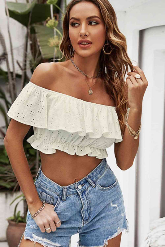 Eyelet Layered Off-Shoulder Cropped Blouse  Trendsi White XS 