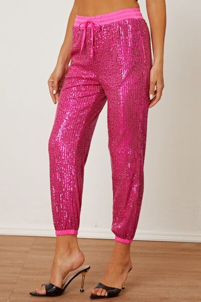 TEEK - Hot Pink Sequin Drawstring Pants with Pockets PANTS TEEK Trend   