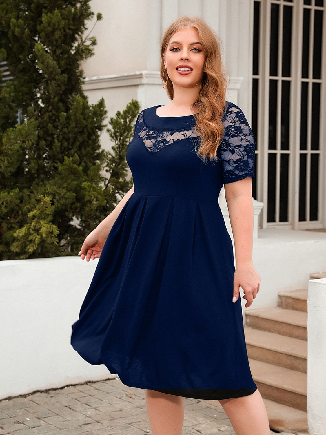 TEEK - Plus Size Ruched Lace Chest Short Sleeve Dress DRESS TEEK Trend Navy 1XL 