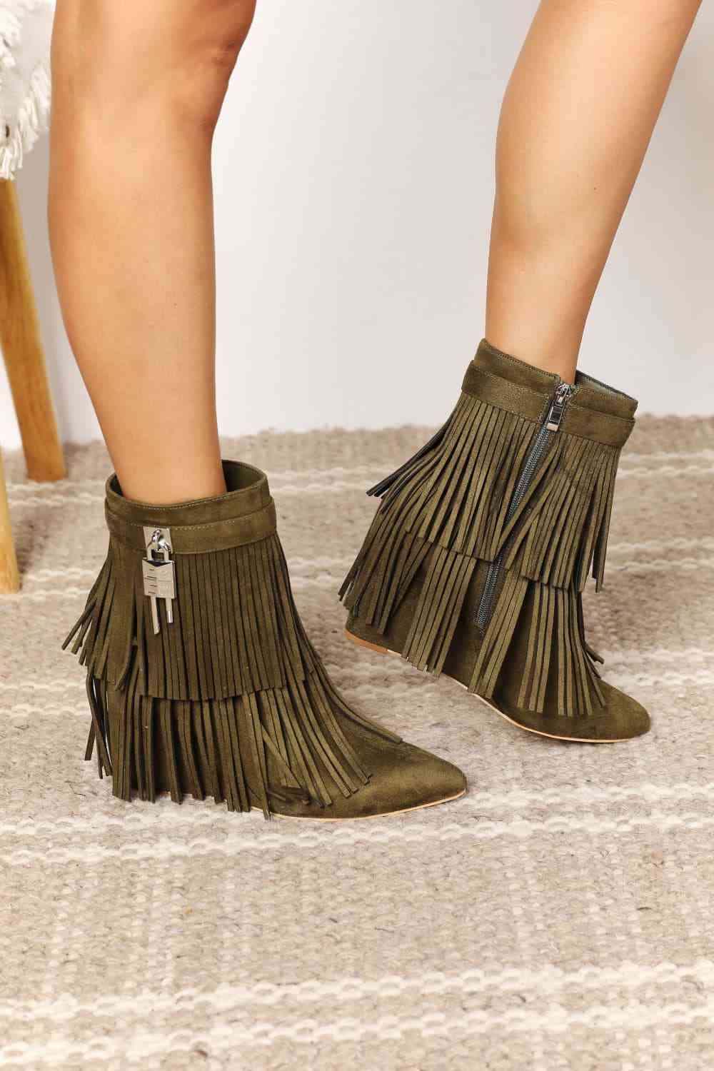 TEEK - Tassel Wedge Heel Ankle Booties | Olive SHOES TEEK Trend   