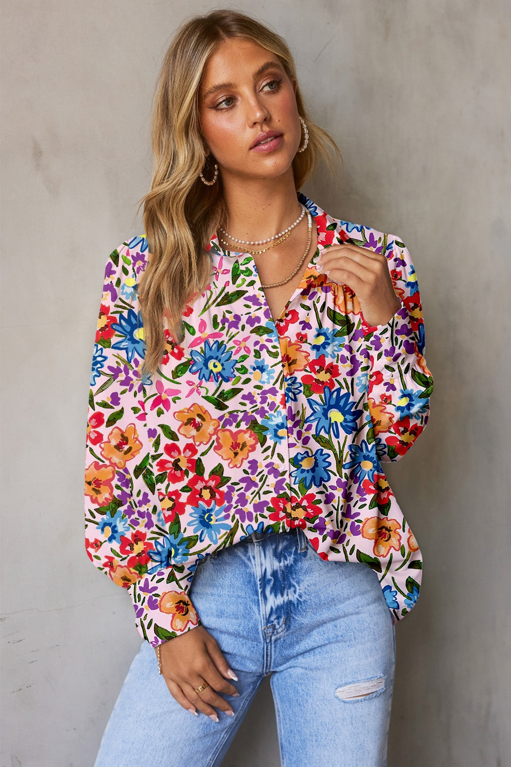 TEEK - Colorful Collared Neck Long Sleeve Shirt TOPS TEEK Trend Floral S 