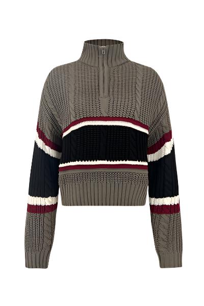 TEEK - Cable-Knit Striped Quarter Zip Turtleneck Sweater SWEATER TEEK Trend S  