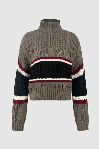 TEEK - Cable-Knit Striped Quarter Zip Turtleneck Sweater SWEATER TEEK Trend S  