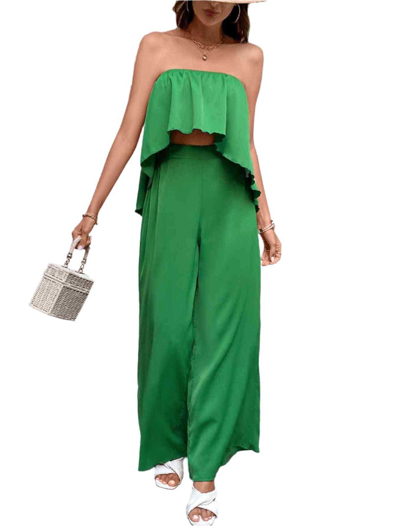 TEEK - Mid Green Strapless Top and Wide Leg Pants Set SET TEEK Trend   