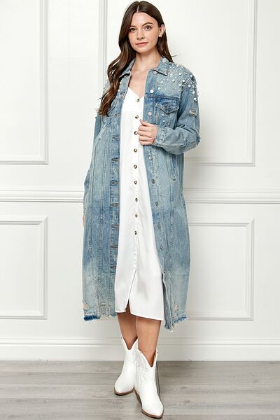 TEEK - Med-Wash Blue Distressed Raw Hem Pearl Button Up Jacket COAT TEEK Trend   