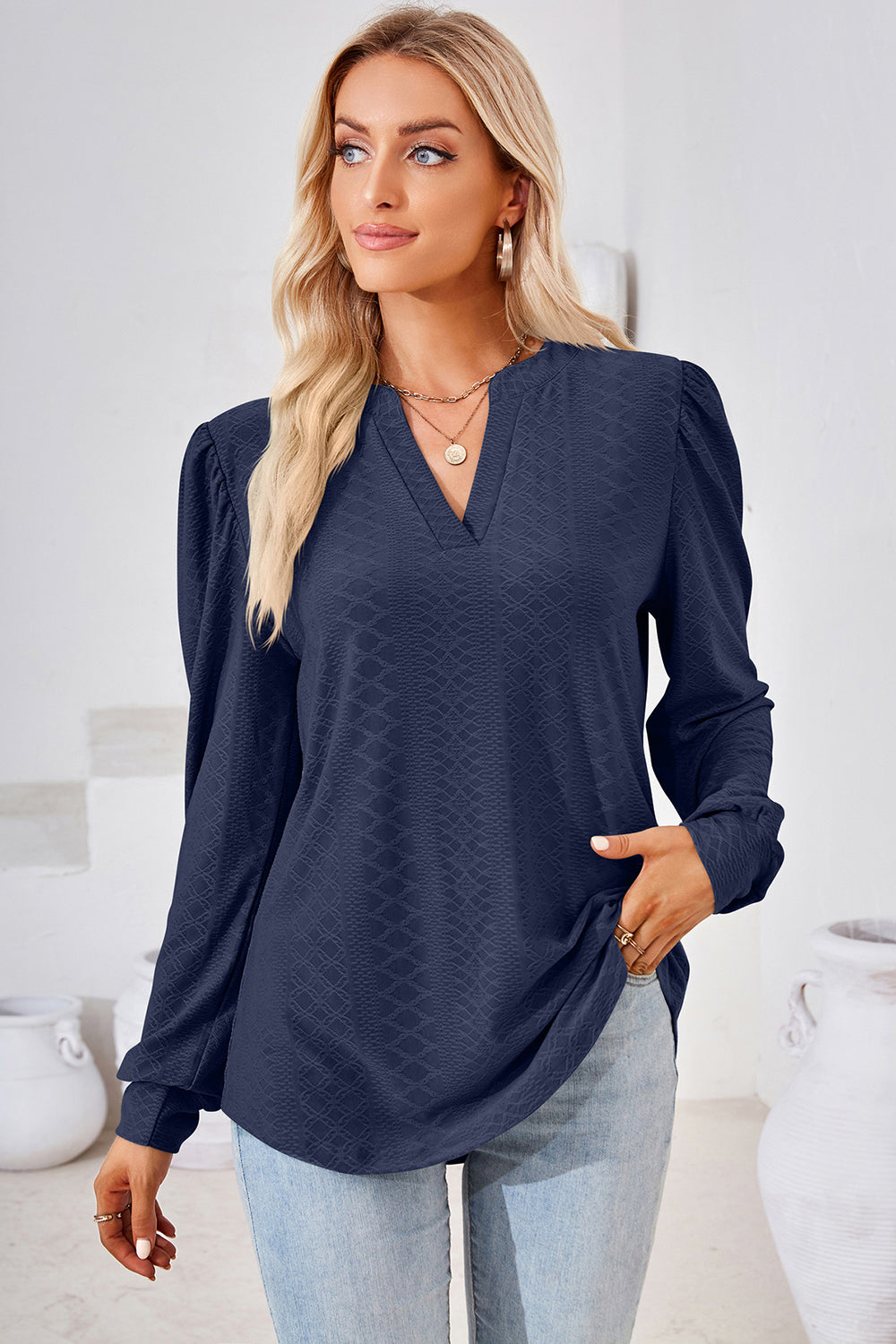 TEEK - Notched Long Sleeve Top TOPS TEEK Trend Navy S 