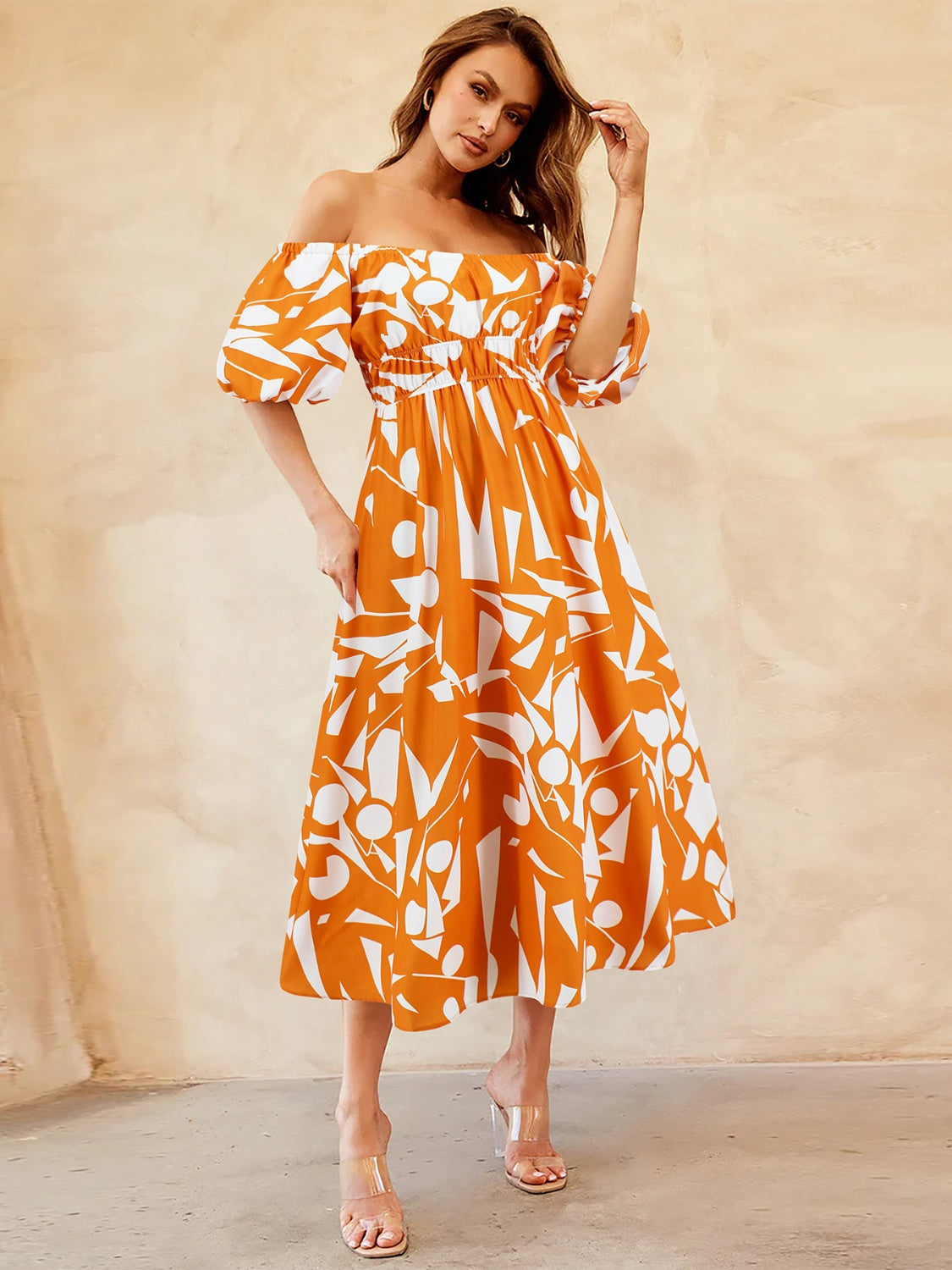 TEEK - Patterned Off-Shoulder Balloon Sleeve Dress DRESS TEEK Trend Pumpkin S 