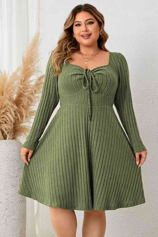 TEEK - Plus Size Matcha Green Sweetheart Neck Long Sleeve Ribbed Dress DRESS TEEK Trend 1XL  