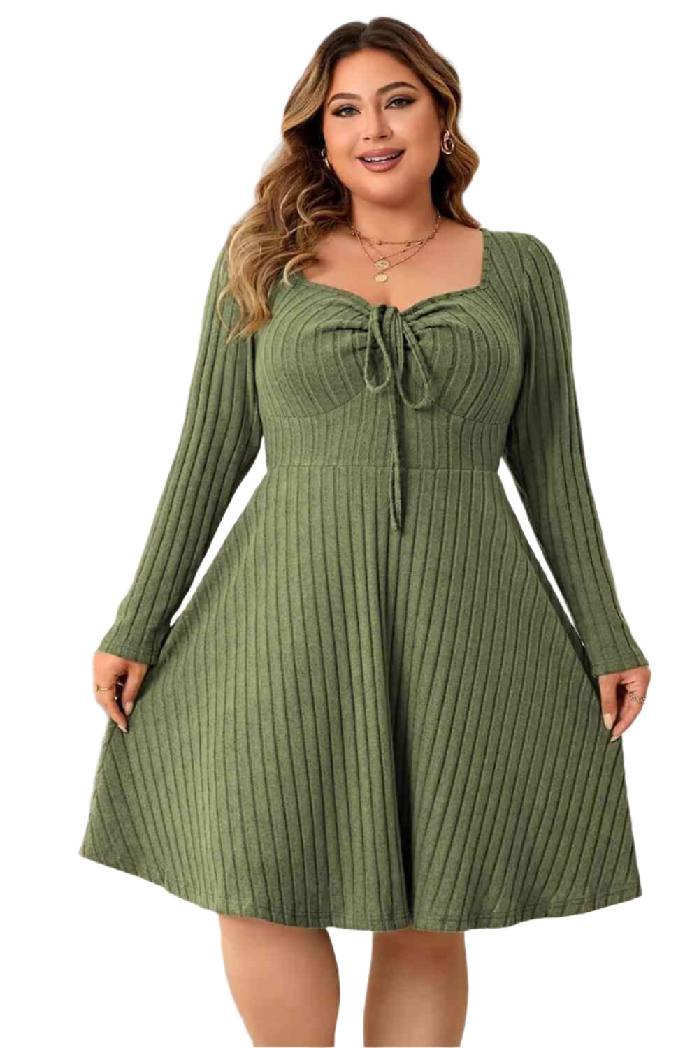 TEEK - Plus Size Matcha Green Sweetheart Neck Long Sleeve Ribbed Dress DRESS TEEK Trend 1XL  