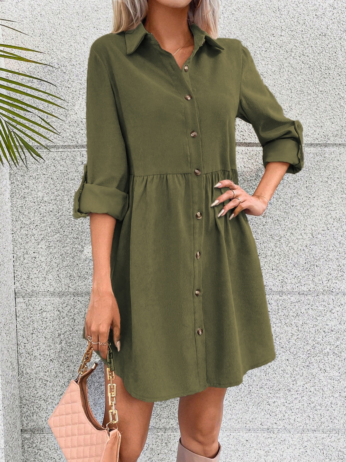 TEEK - Army Green Button Up Collared Neck Long Sleeve Dress DRESS TEEK Trend   