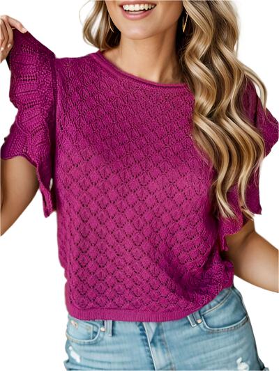 TEEK - Fuchsia Eyelet Ruffle Trim Sweater TOPS TEEK Trend S  