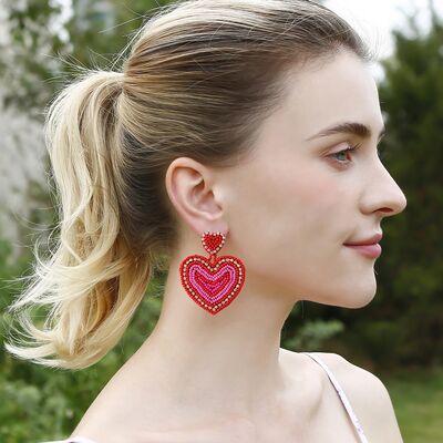TEEK - Rhinestone Beaded Heart Dangle Earrings JEWELRY TEEK Trend Red  
