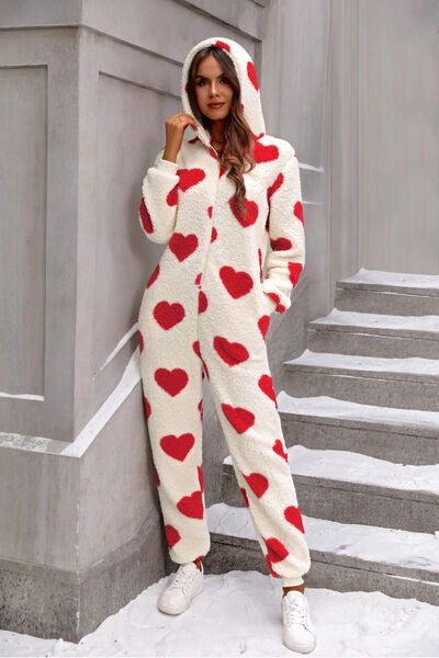 TEEK - Fuzzy Heart Hooded Lounge Jumpsuit JUMPSUIT TEEK Trend Deep Red S 