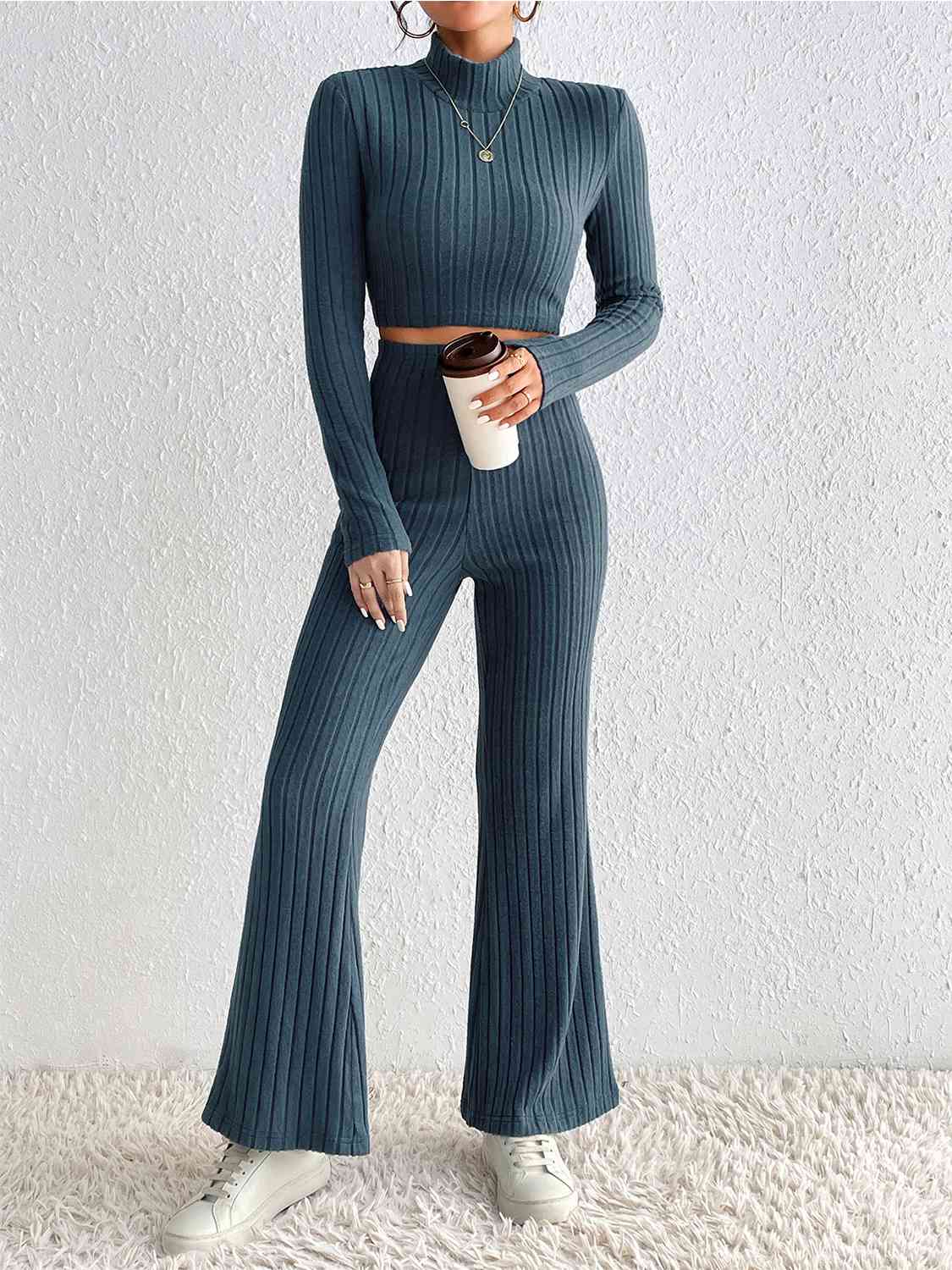 TEEK - Ribbed Mock Neck Cropped Sweater & High Waist Pants Set SET TEEK Trend   