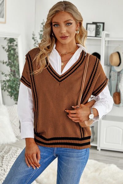 TEEK - Striped V-Neck Short Sleeve Sweater SWEATER TEEK Trend Chestnut S 