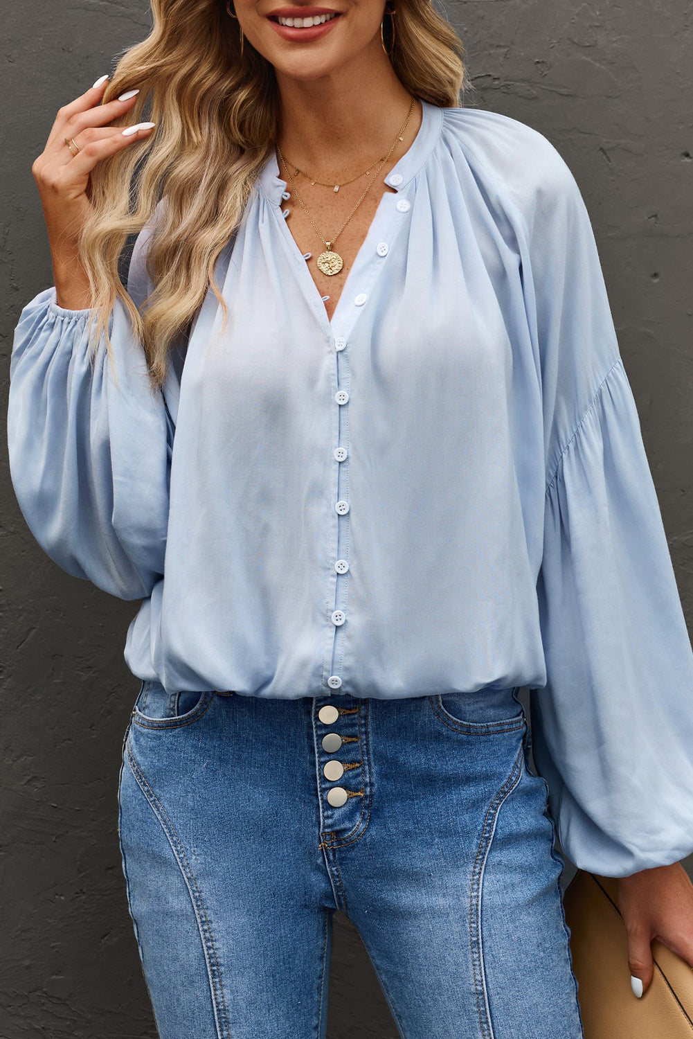 TEEK - Button Up Balloon Sleeve Shirt TOPS TEEK Trend Misty  Blue M 