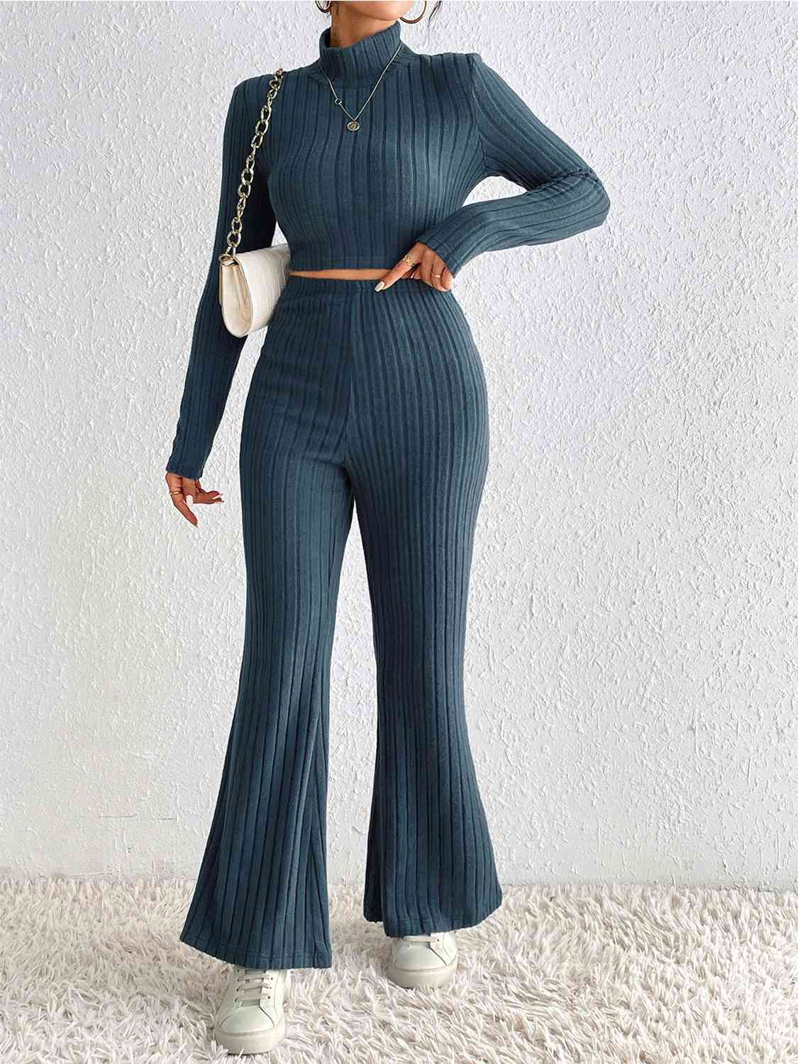 TEEK - Ribbed Mock Neck Cropped Sweater & High Waist Pants Set SET TEEK Trend   