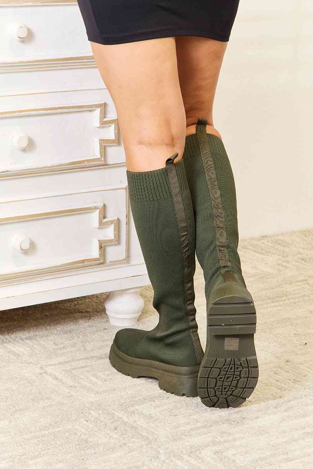 TEEK - Knee High Platform Sock Olive Boots SHOES TEEK Trend   