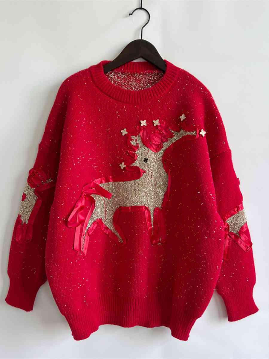 TEEK - Reindeer Textured Long Sleeve Sweater SWEATER TEEK Trend   