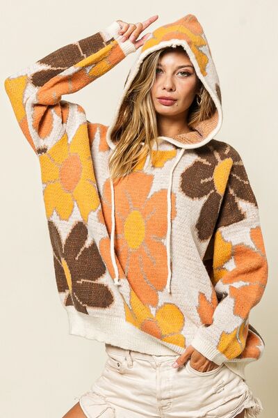 TEEK - Flower Rust Combo Pattern Drawstring Hooded Sweater SWEATER TEEK Trend S  