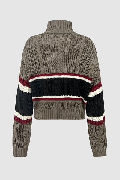 TEEK - Cable-Knit Striped Quarter Zip Turtleneck Sweater SWEATER TEEK Trend   