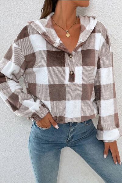 TEEK - Plaid Quarter Button Hoodie TOPS TEEK Trend   