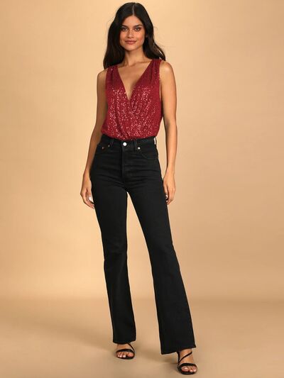 TEEK - Sequin Plunge Sleeveless Bodysuit TOPS TEEK Trend   