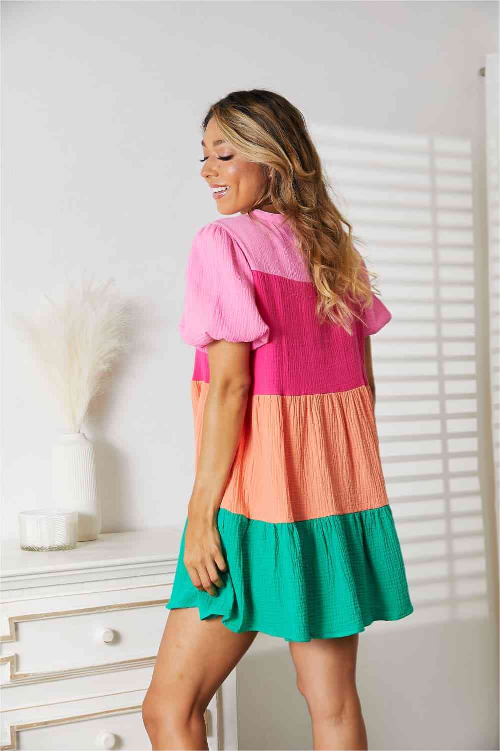 TEEK - Color Block Buttoned Puff Sleeve Dress DRESS TEEK Trend   