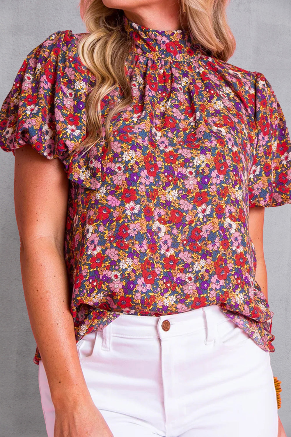 TEEK - Floral Mock Neck Short Sleeve Blouse TOPS TEEK Trend   