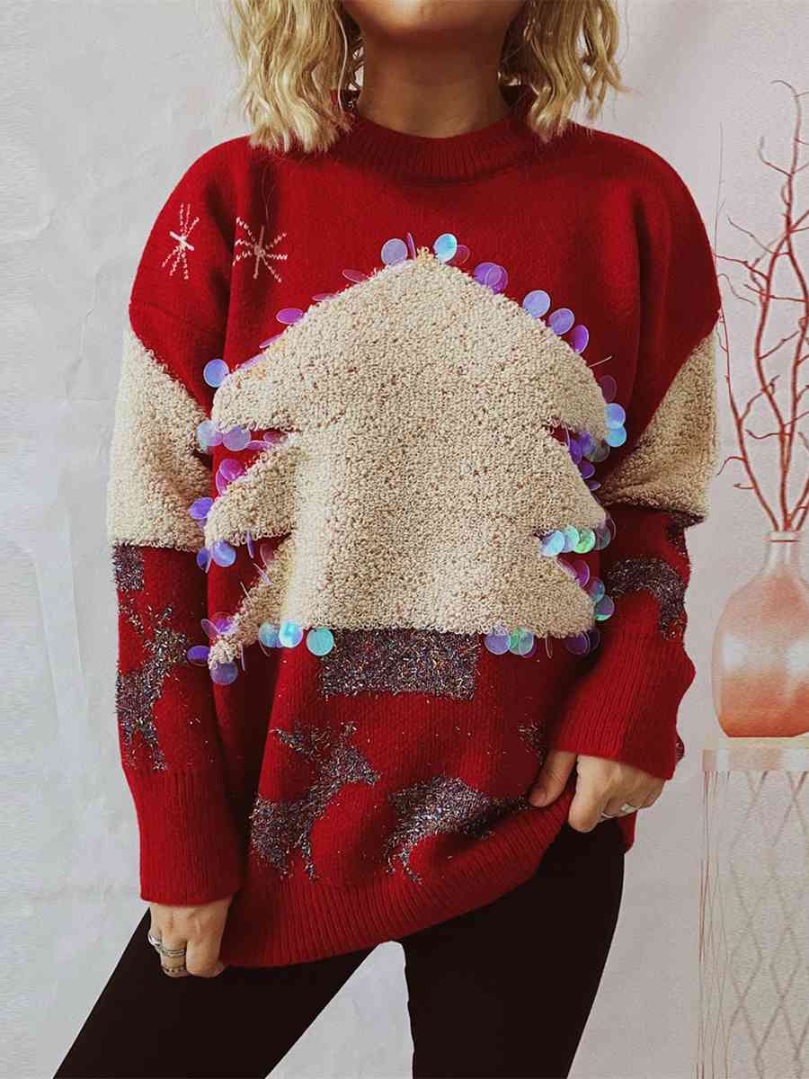 TEEK - Sequin Christmas Tree & Reindeer Sweater SWEATER TEEK Trend Red S 