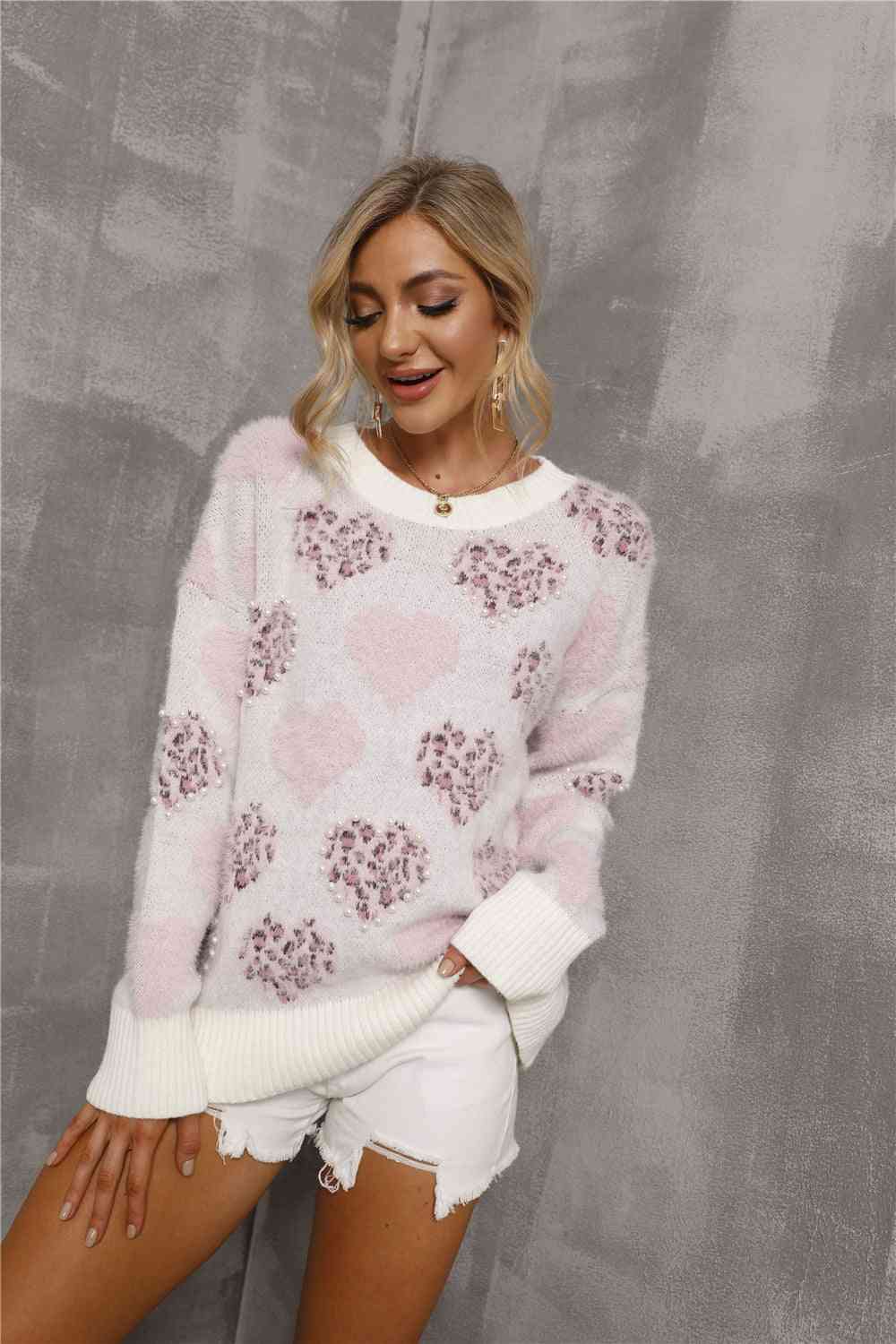 TEEK - Blush Pink Heart Long Sleeve Sweater SWEATER TEEK Trend   