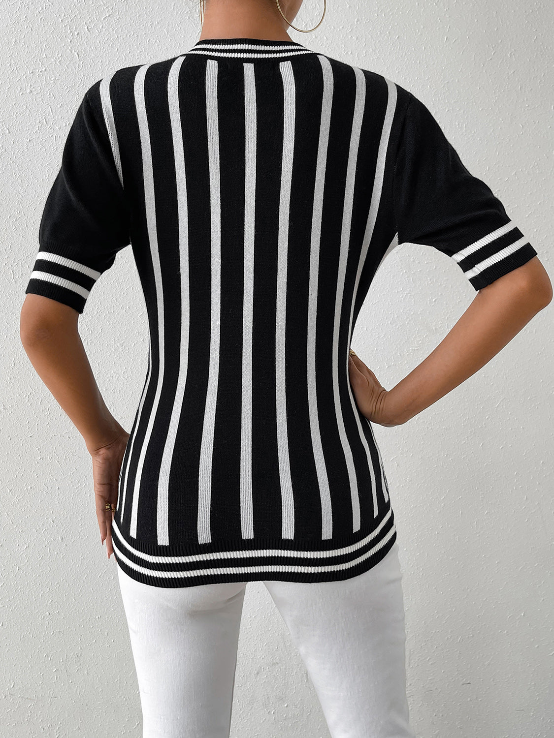 TEEK - BlackStriped Half Sleeve Knit Top TOPS TEEK Trend   