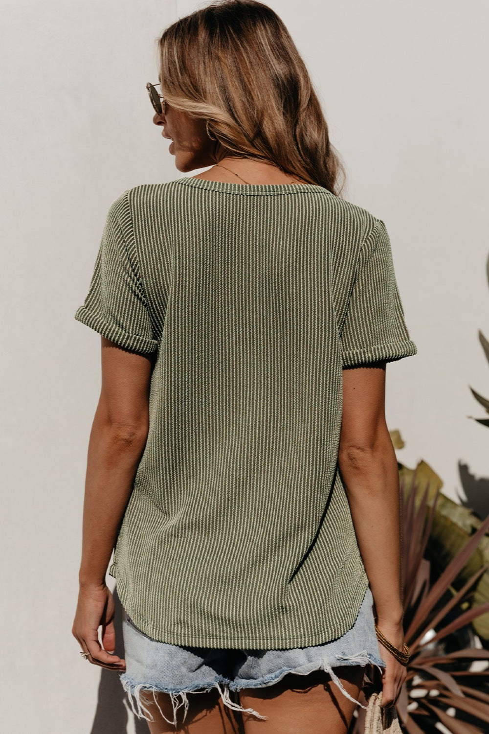 TEEK - Sage Striped V-Neck Short Sleeve T-Shirt TOPS TEEK Trend   