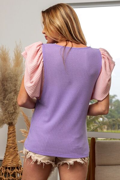 TEEK - Lilac Pink Waffle-Knit Ruffled Sleeve Blouse TOPS TEEK Trend   