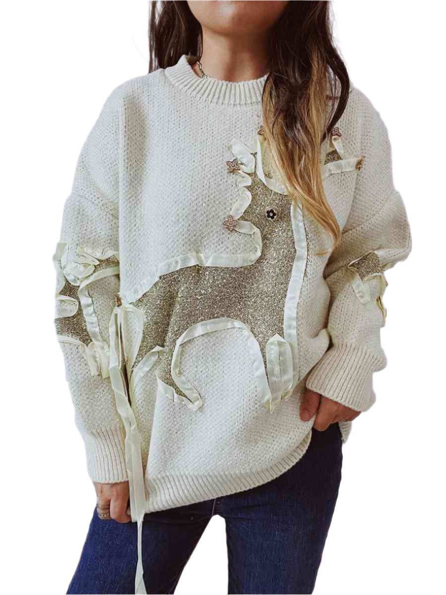 TEEK - Reindeer Textured Long Sleeve Sweater SWEATER TEEK Trend Beige S 