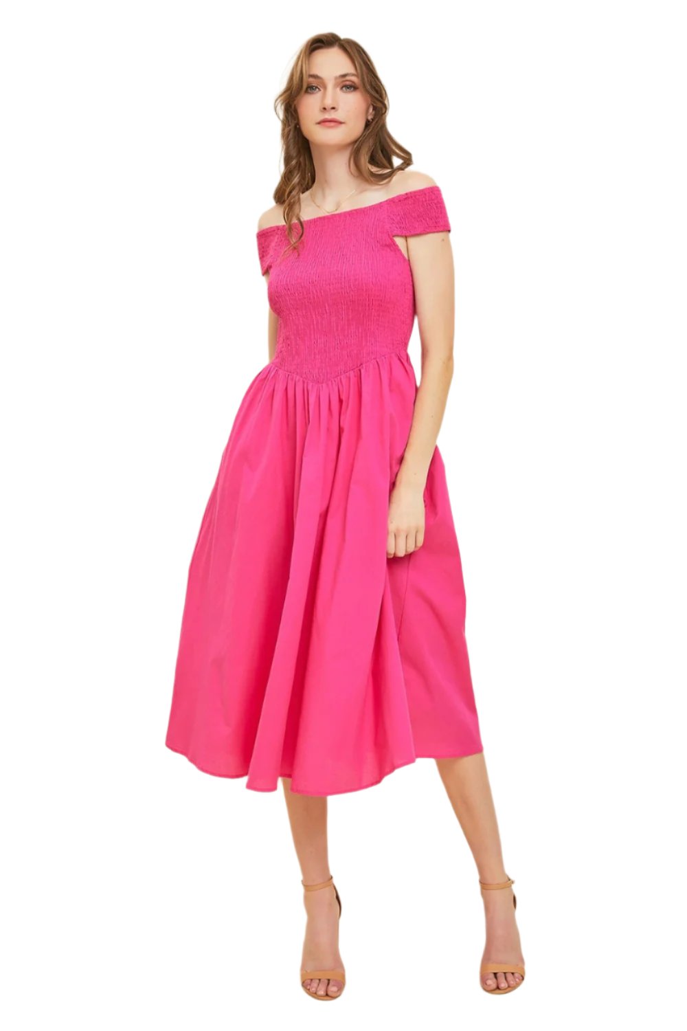 off the shoulder smocked midi dress TEEK