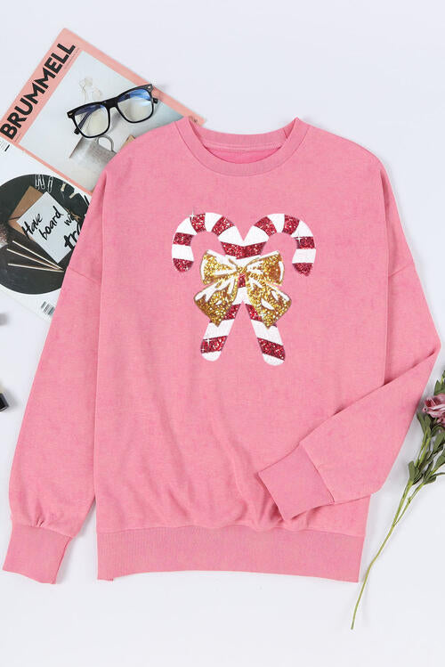 TEEK - Sequin Candy Cane Slit Sweatshirt TOPS TEEK Trend   