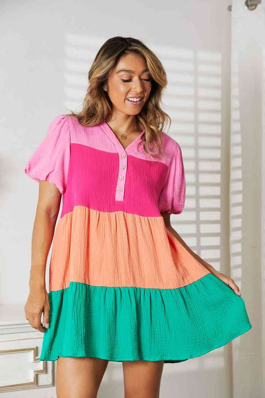 TEEK - Color Block Buttoned Puff Sleeve Dress DRESS TEEK Trend S  