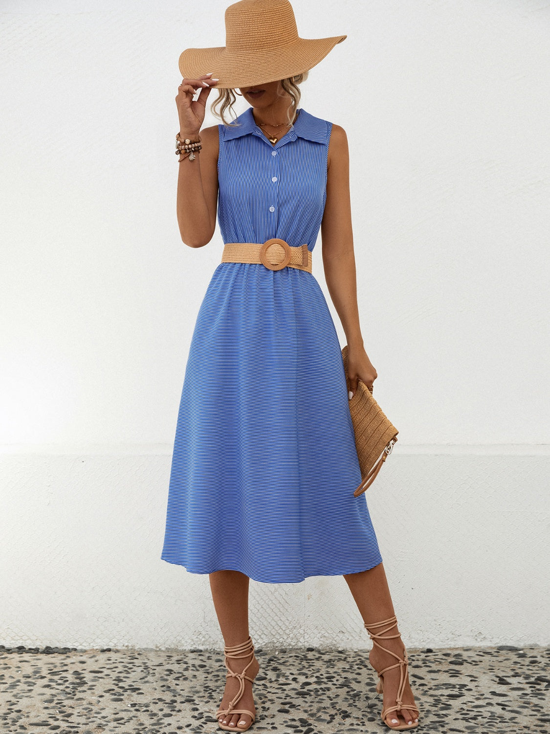 TEEK - Striped Collared Neck Sleeveless Midi Dress DRESS TEEK Trend   