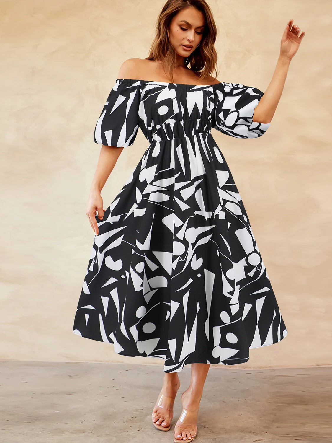 TEEK - Patterned Off-Shoulder Balloon Sleeve Dress DRESS TEEK Trend Black S 