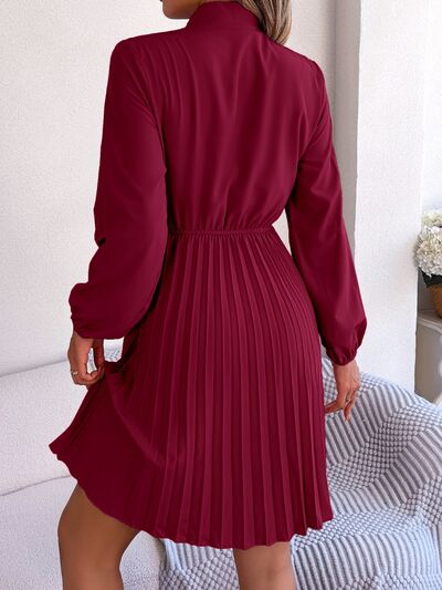 TEEK - Tie Neck Balloon Sleeve Pleated Dress DRESS TEEK Trend   