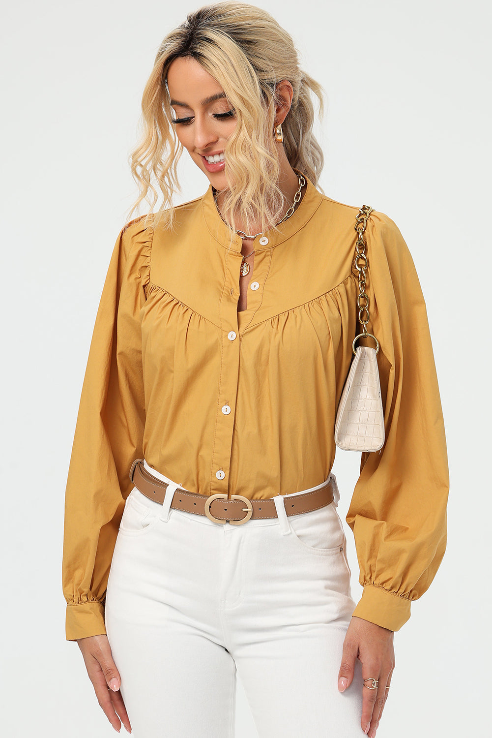 TEEK - Mustard Ruched Button Up Long Sleeve Shirt TOPS TEEK Trend   