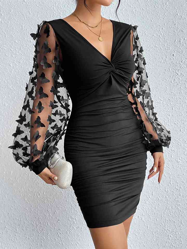 TEEK - Black Butterfly Lantern Sleeve V-Neck Mini Dress DRESS TEEK Trend S  