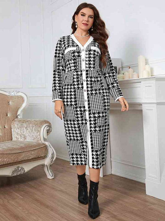 Plus Size Houndstooth Button-Down Long Sleeve Dress  Trendsi Multicolor 1XL 