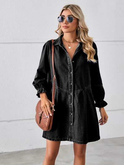 TEEK - Button Up Cute Cuffs Mini Denim Dress DRESS TEEK Trend Black S 