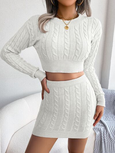 TEEK - Cable-Knit Top and Skirt Sweater Set SET TEEK Trend White S 