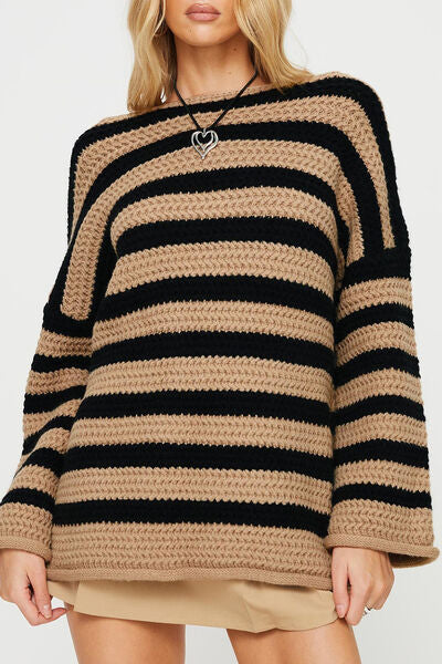 TEEK - Striped Dropped Shoulder Sweater SWEATER TEEK Trend Tan One Size 