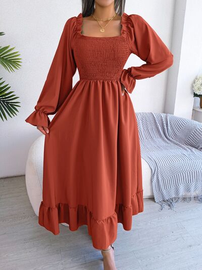 TEEK - Smocked Soft Flounce Sleeve Dress DRESS TEEK Trend Red Orange S 